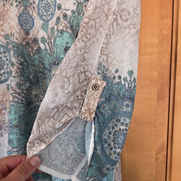 Chico's Sz 2 Assymetric Hi-Lo 3/4 Sleeve Mandala Pattern Boho Blouse - Picture 8 of 10